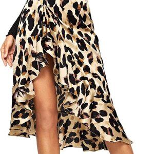 Women's Leopard Print Ruffle Asymmetric Hem Satin Midi Skirt